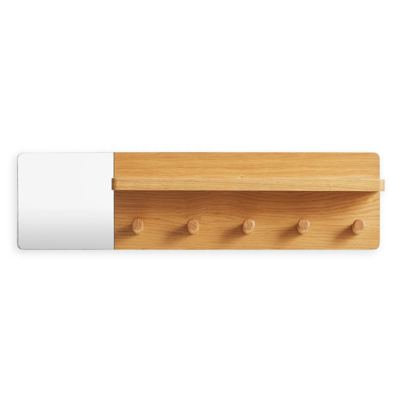 The Candid Wall Shelf with Hooks from Blu Dot in white oak.