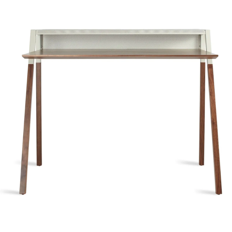 The Cant Desk from Blu Dot with walnut body and putty grey back from the front.