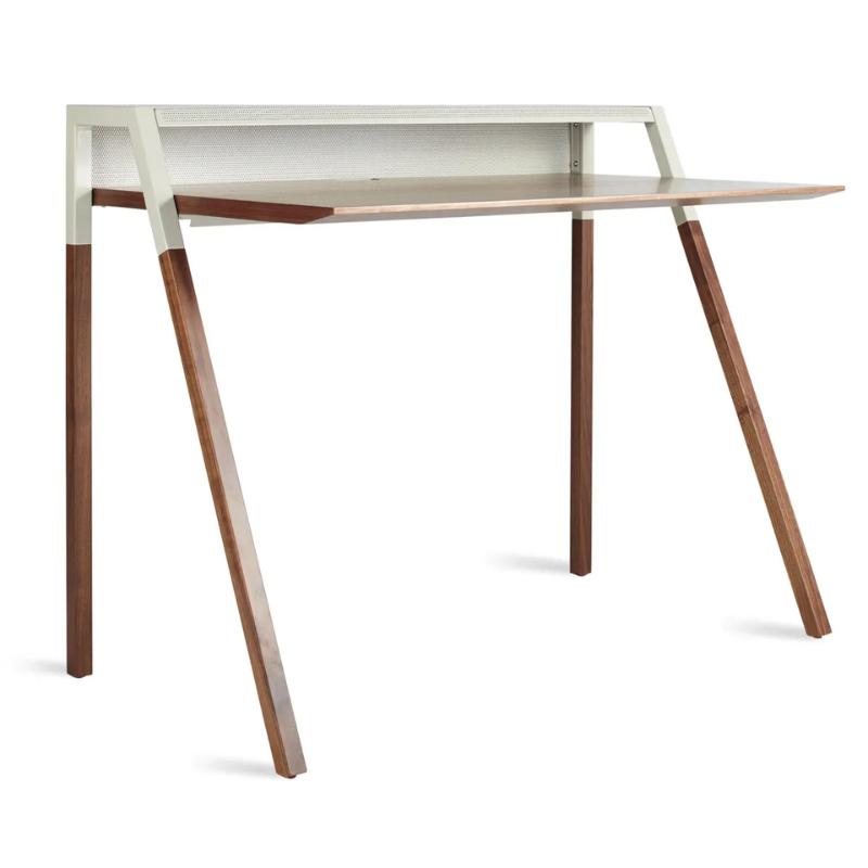 The Cant Desk from Blu Dot with walnut body and putty grey back.