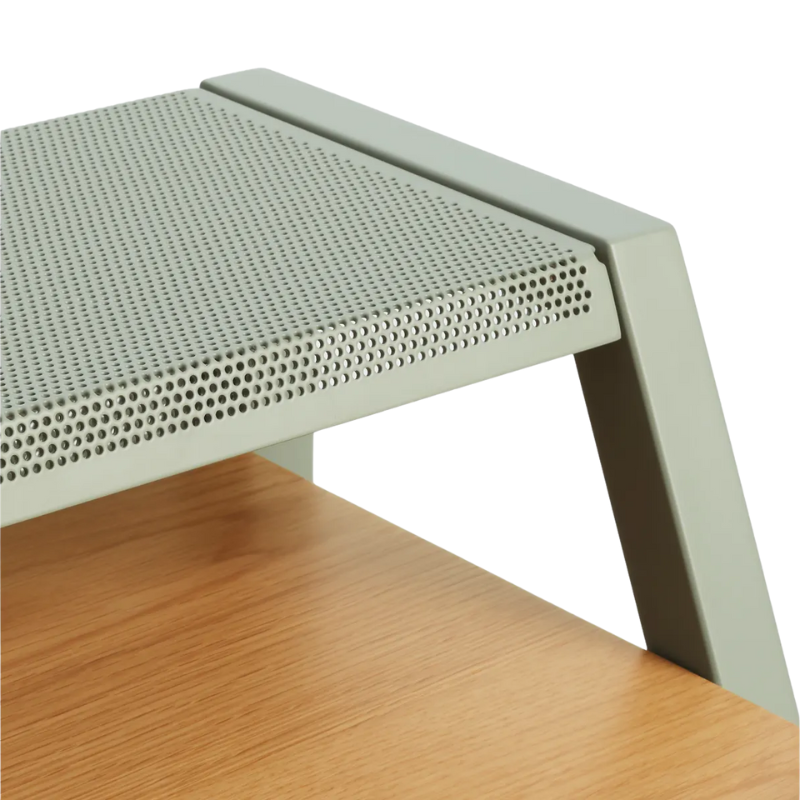 The Cant Desk from Blu Dot with white oak body and grey green back close up.