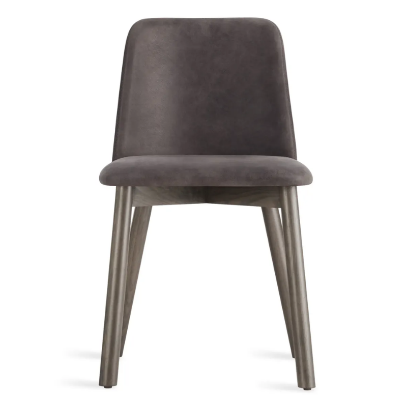 The Chip Chair from Blu Dot with smoke legs and slate leather upholstery.