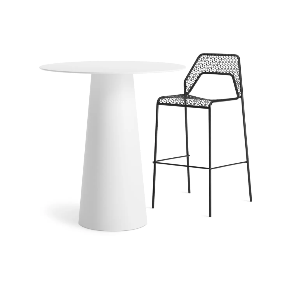 Blu Dot Circula Bar Dining Height Table in white with Hot Mesh Bar Height Dining Chair
