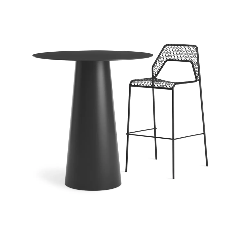 Blu Dot Circula Bar Dining Height Table in Oblivion with Hot Mesh Bar Height Dining Chair.