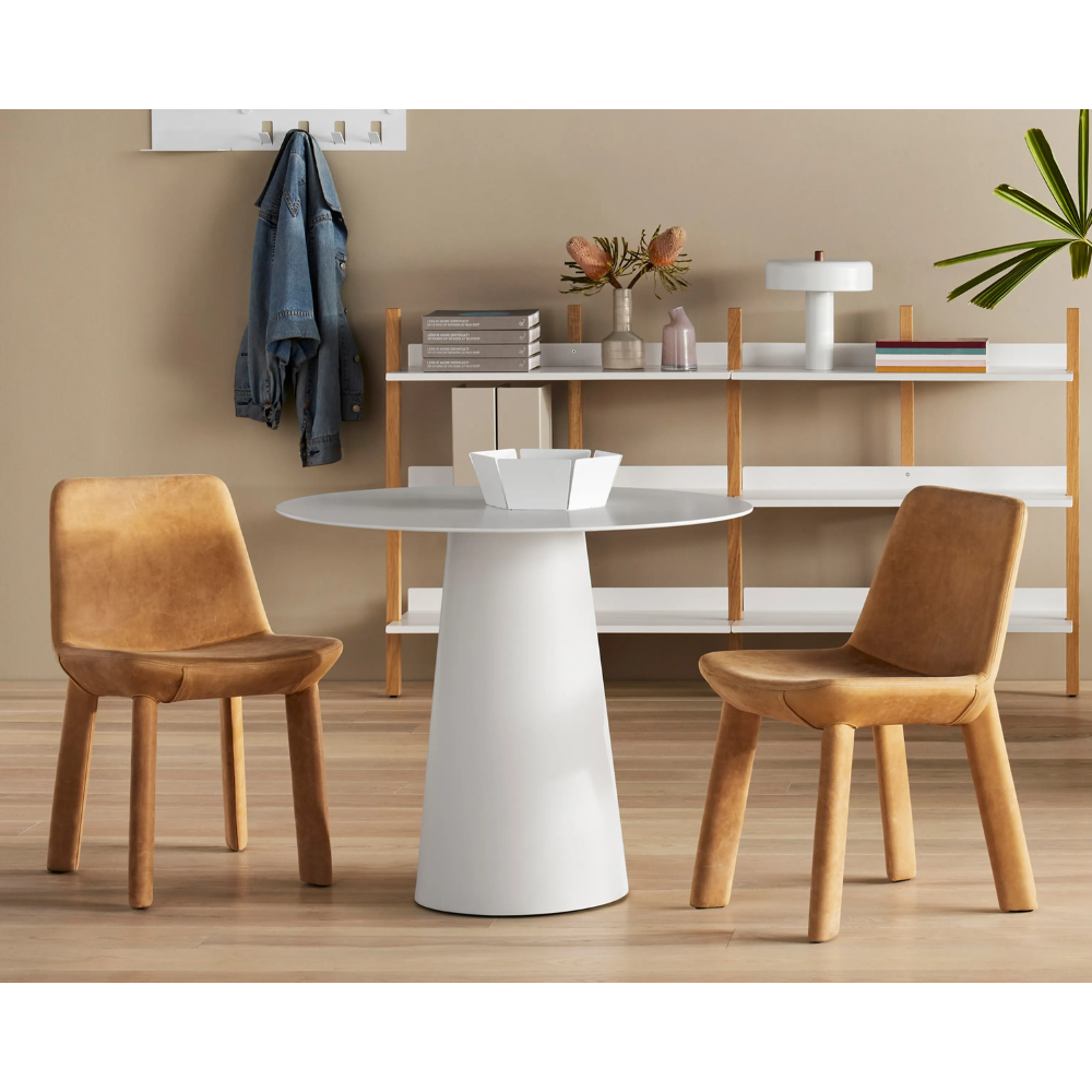 Circula Outdoor / Indoor Dining Table by Blu Dot White 36-inch table indoor with Neat leather dining chairs. all-groups