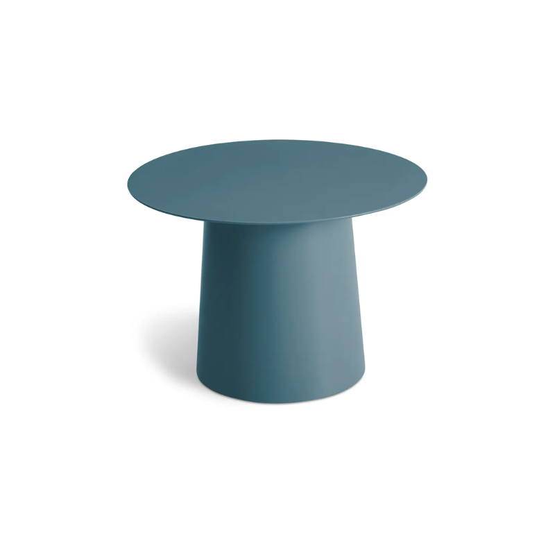 The Circula Low Side Table from Blu Dot in marine blue from a high angle.