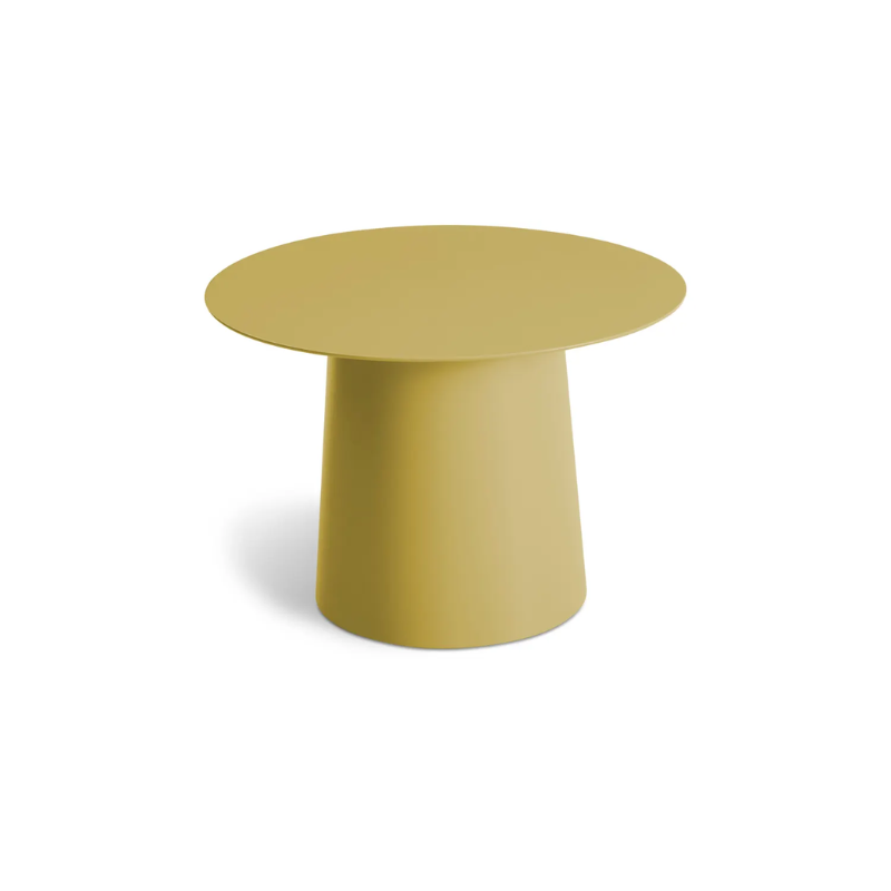 The Circula Low Side Table from Blu Dot in ochre from a high angle.