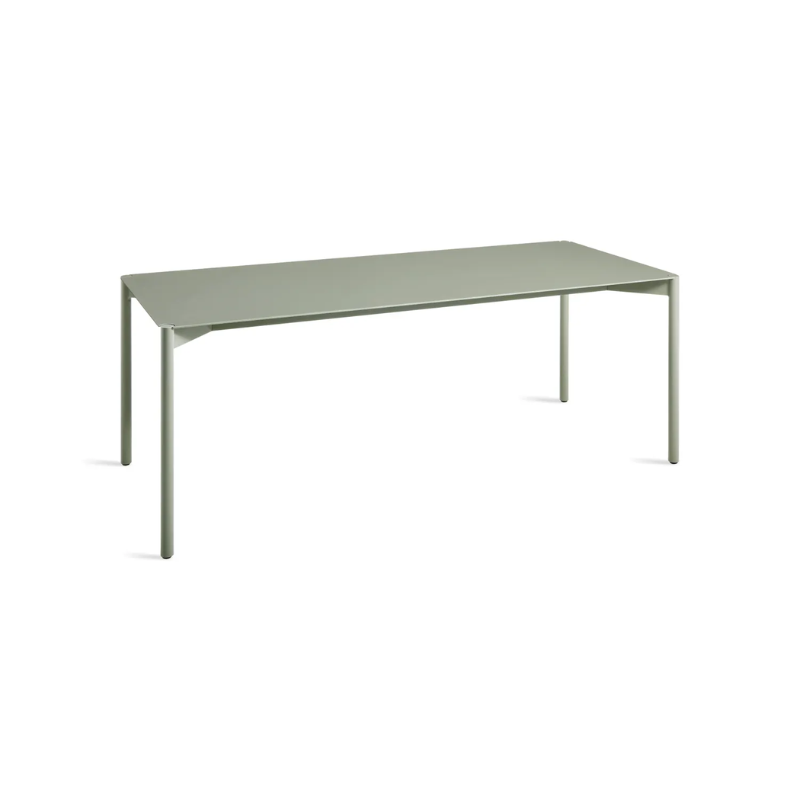 The Comeuppance Dining Table from Blu Dot in grey green in a view from the top.