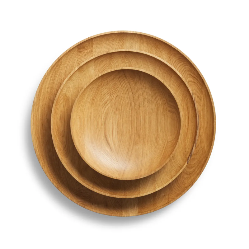 The Cusp Large Bowl from Blu Dot in white oak set of three sizes stacked.