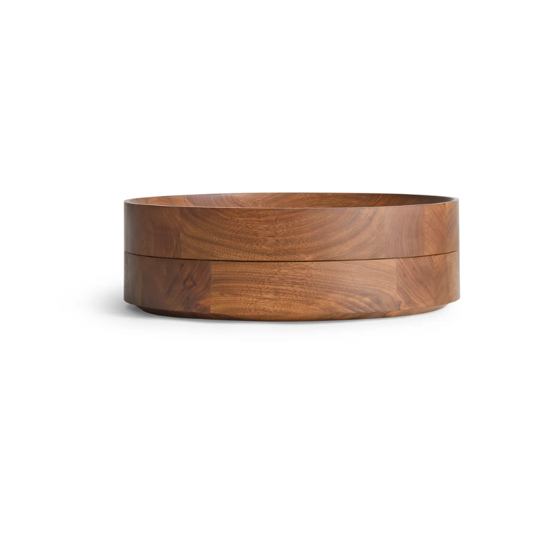 The Cusp Medium Bowl from Blu Dot in walnut stacked.