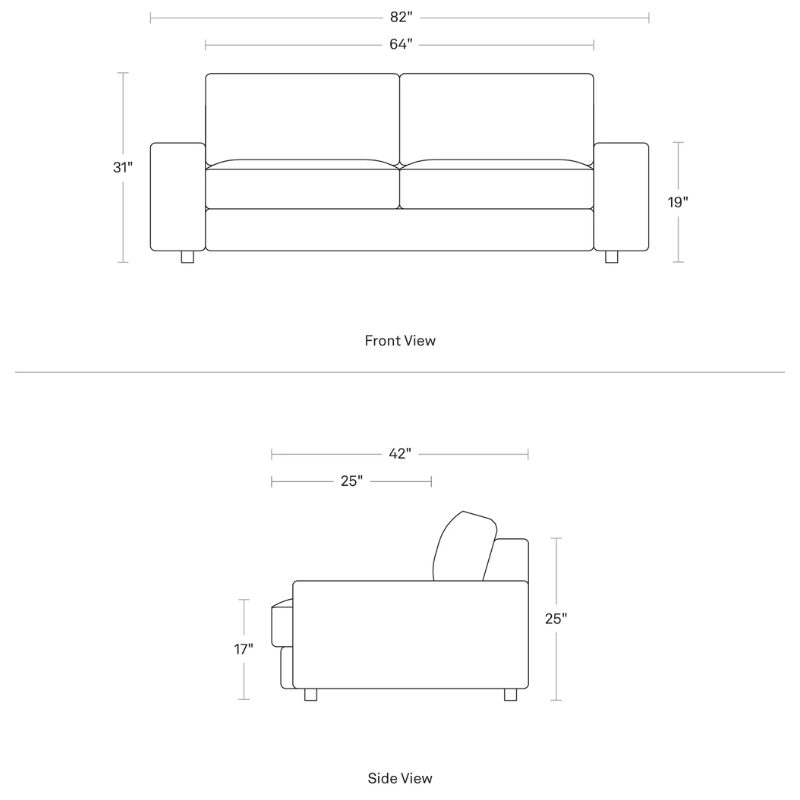 The 82 inch Esker Sofa from Blu Dot in Kelso dimensions.