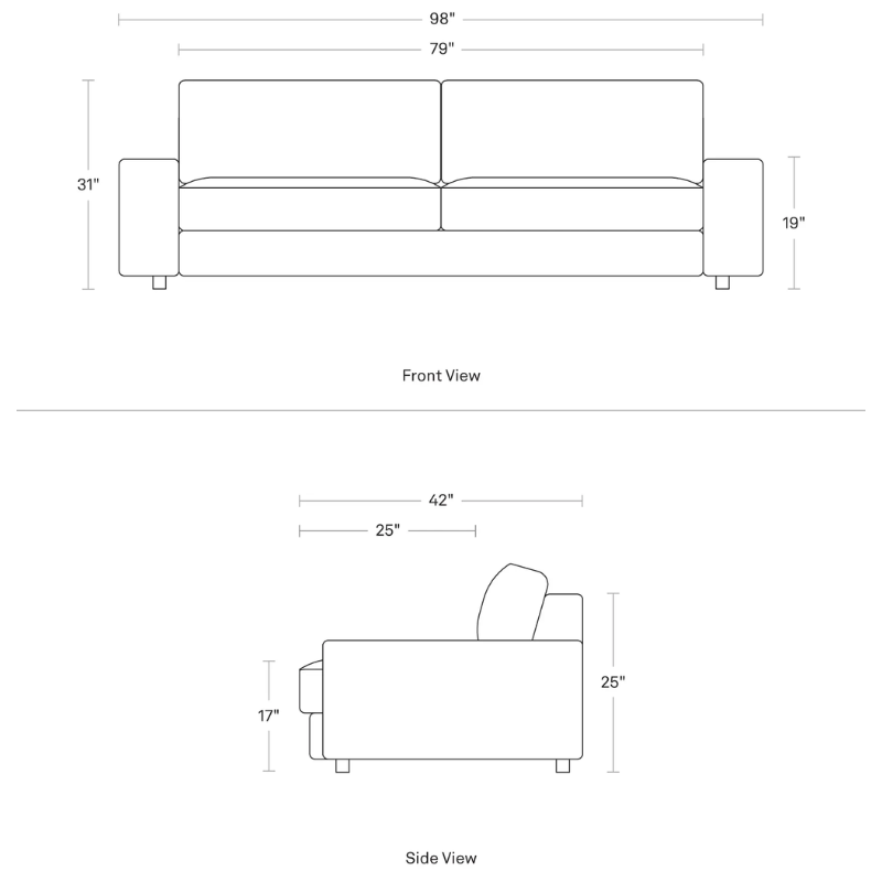 The 98 inch Esker Sofa from Blu Dot in Kelso dimensions.
