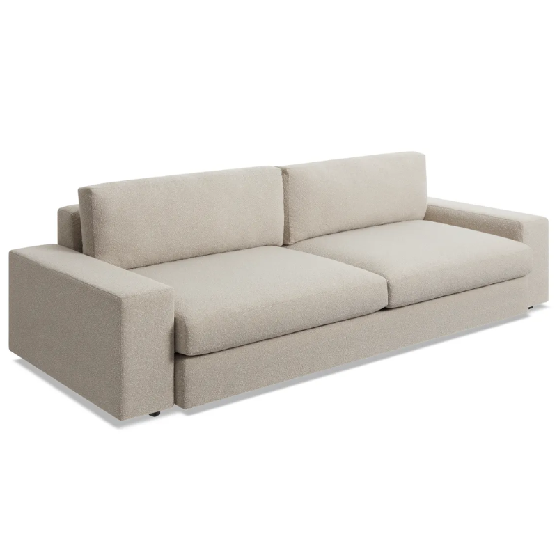 The 98 inch Esker Sofa from Blu Dot in Kelso sand from a high angle.