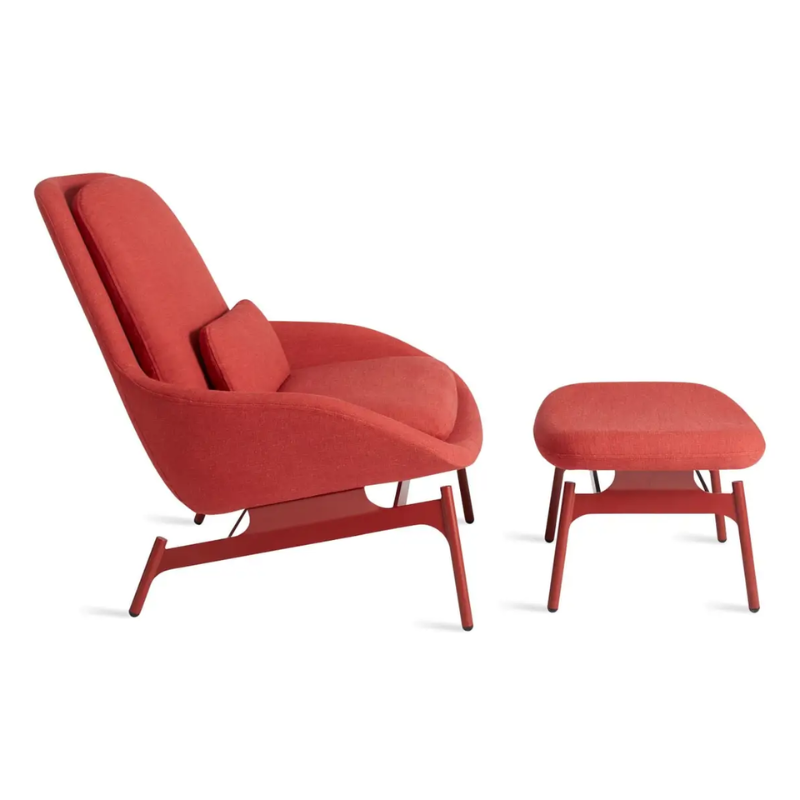 The Field Lounge Chair from Blu Dot in craig red with the field ottoman from the side.