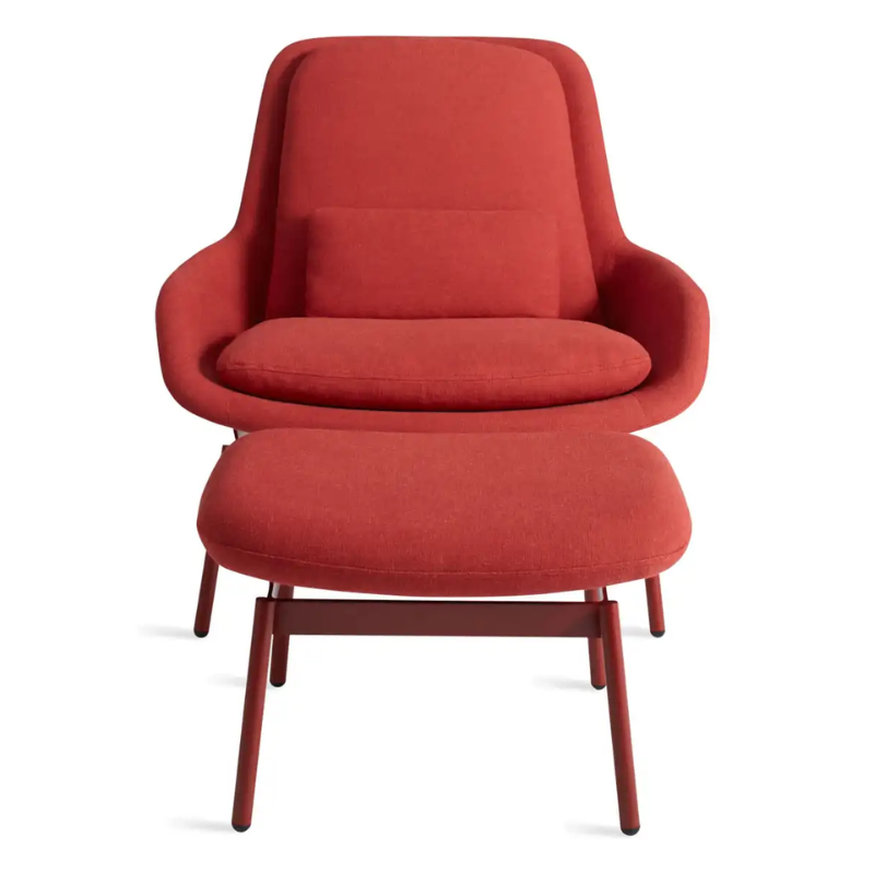The Field Lounge Chair from Blu Dot in craig red with the field ottoman.
