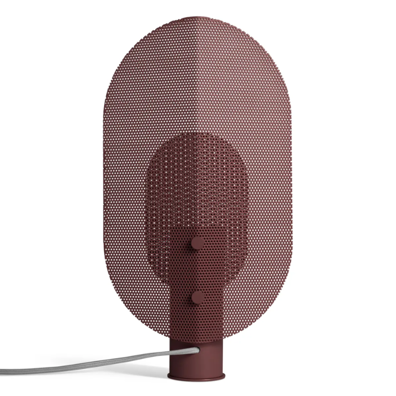 The Filter Table Lamp from Blu Dot in oxblood from the back.