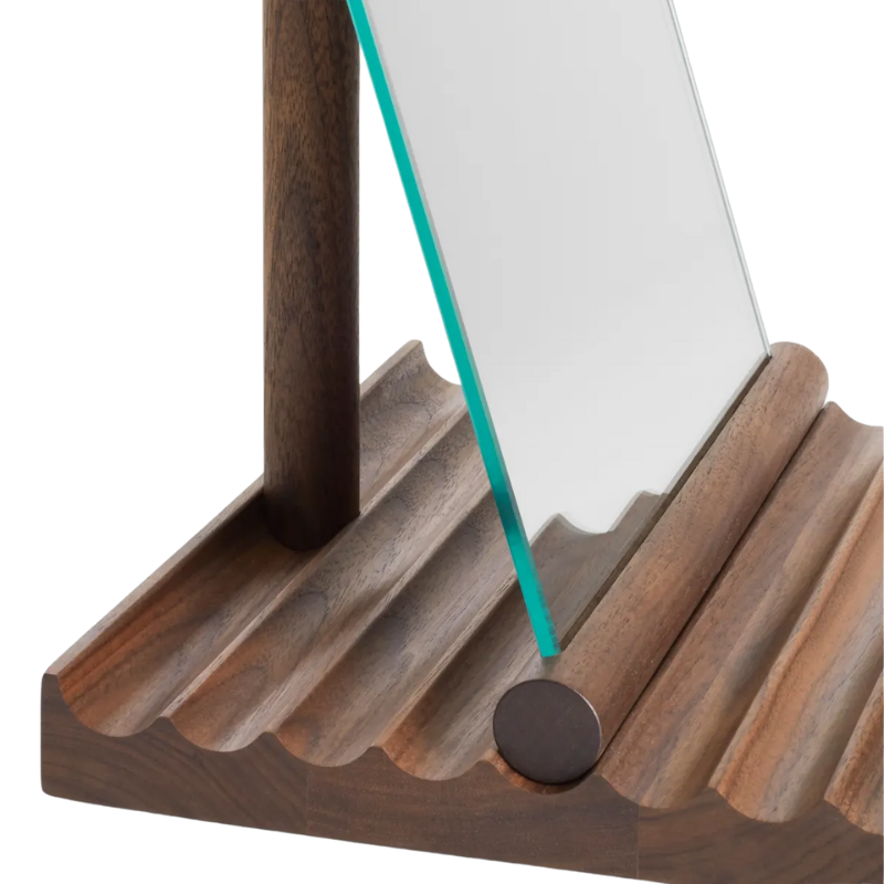 The Furrow Table Mirror from Blu Dot in walnut close up.