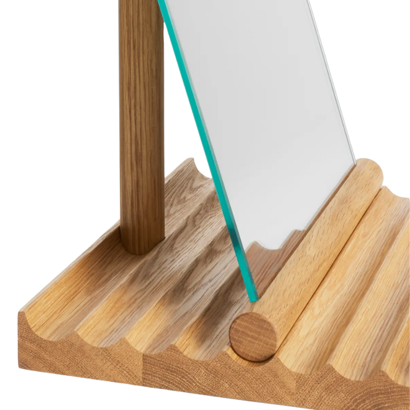 The Furrow Table Mirror from Blu Dot in white oak close up.