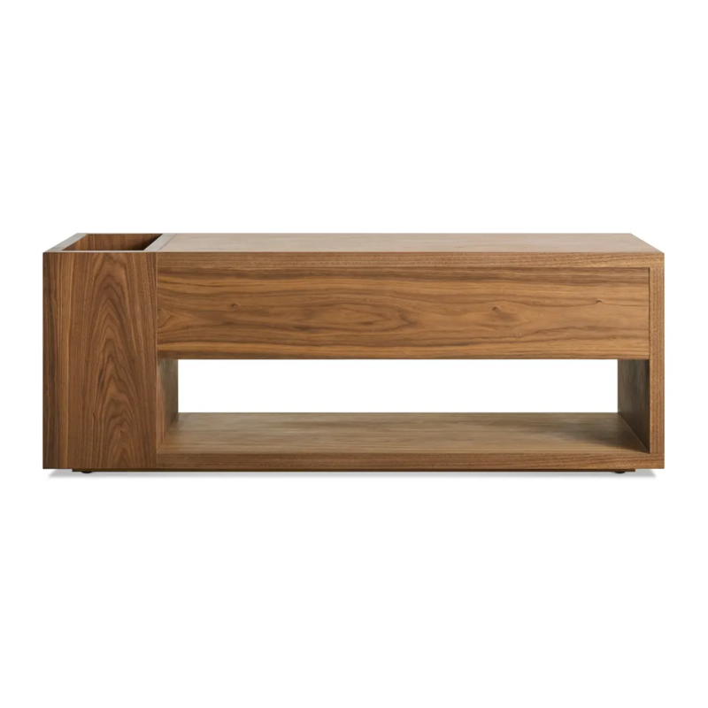 The Go Forth Bench from Blu Dot in walnut from the back.