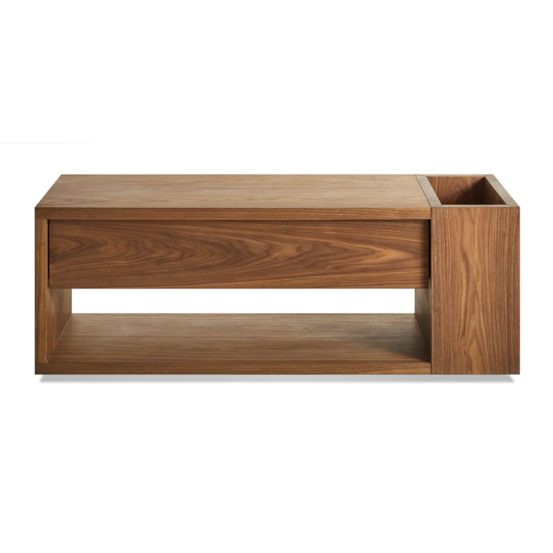 The Go Forth Bench from Blu Dot in walnut from a high angle.