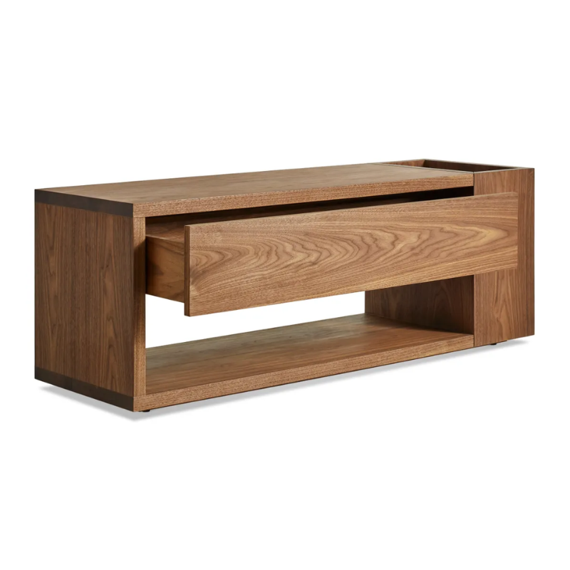 The Go Forth Bench from Blu Dot in walnut with an open drawer.