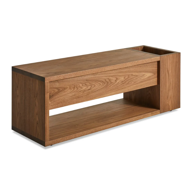 The Go Forth Bench from Blu Dot in walnut from a view of the top.