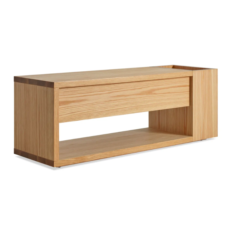 The Go Forth Bench from Blu Dot in white oak from an angle.