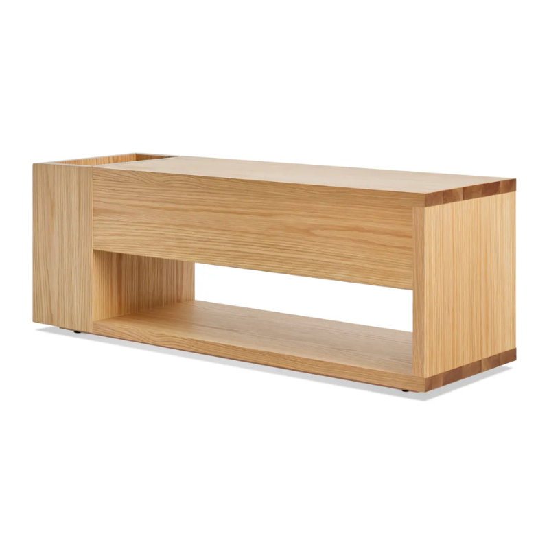 The Go Forth Bench from Blu Dot in white oak from the back at an angle.