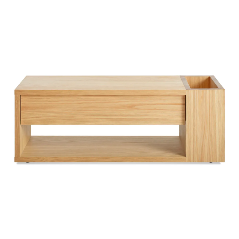 The Go Forth Bench from Blu Dot in white oak from a high angle.