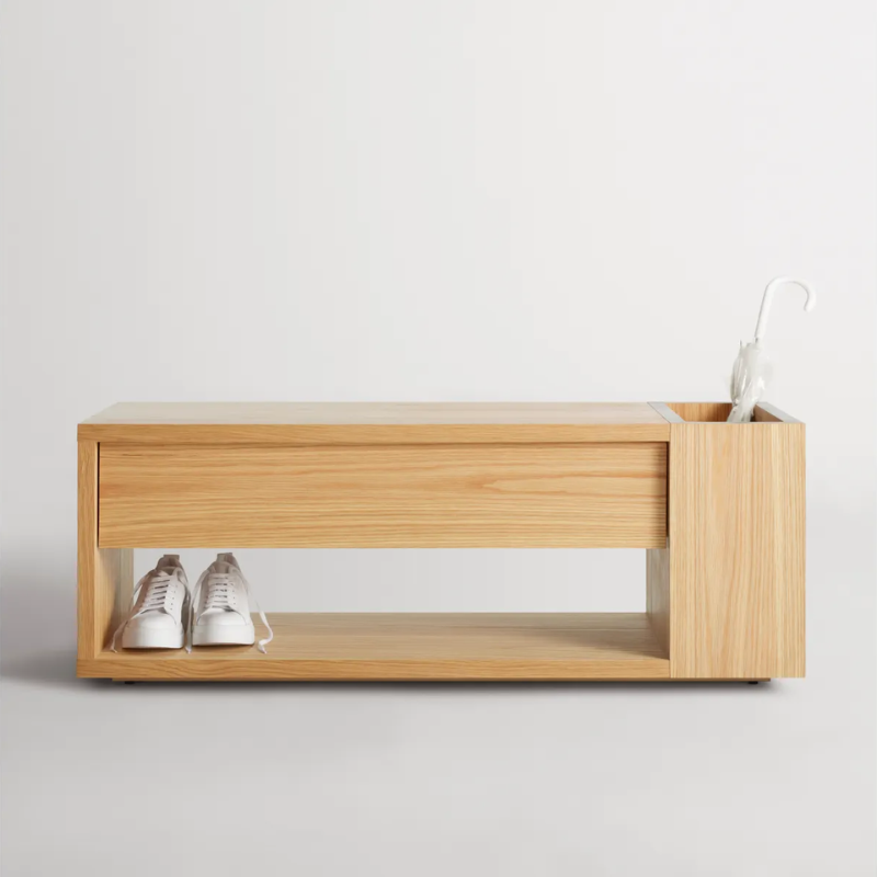 The Go Forth Bench from Blu Dot in white oak in a living room.
