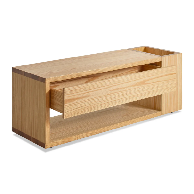 The Go Forth Bench from Blu Dot in white oak with an open drawer from a high angle.
