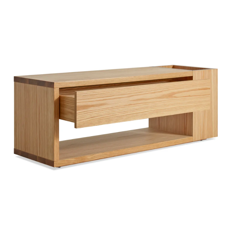 The Go Forth Bench from Blu Dot in white oak with an open drawer.