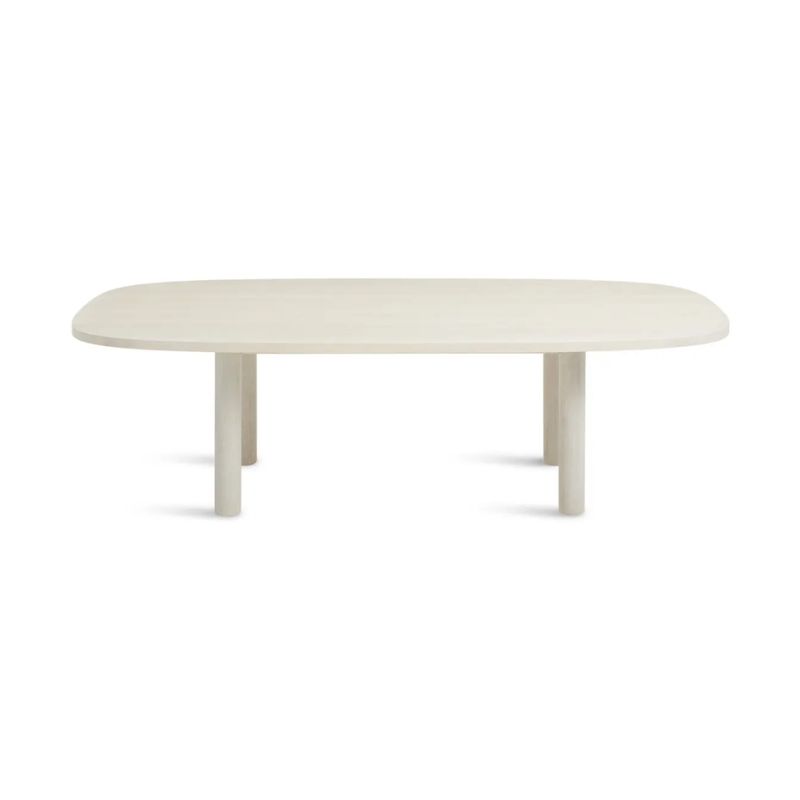 The 100 inch Good Times Dining Table from Blu Dot in whitewashed ash from a high angle.