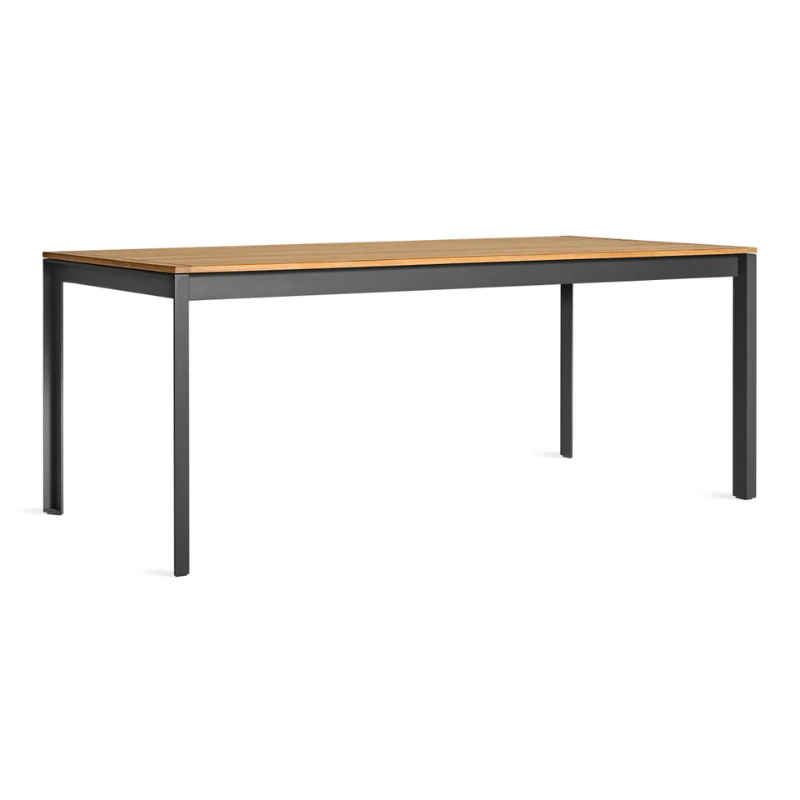The Hold Tight 76" Outdoor Dining Table from Blu Dot in carbon and teak from an angle.