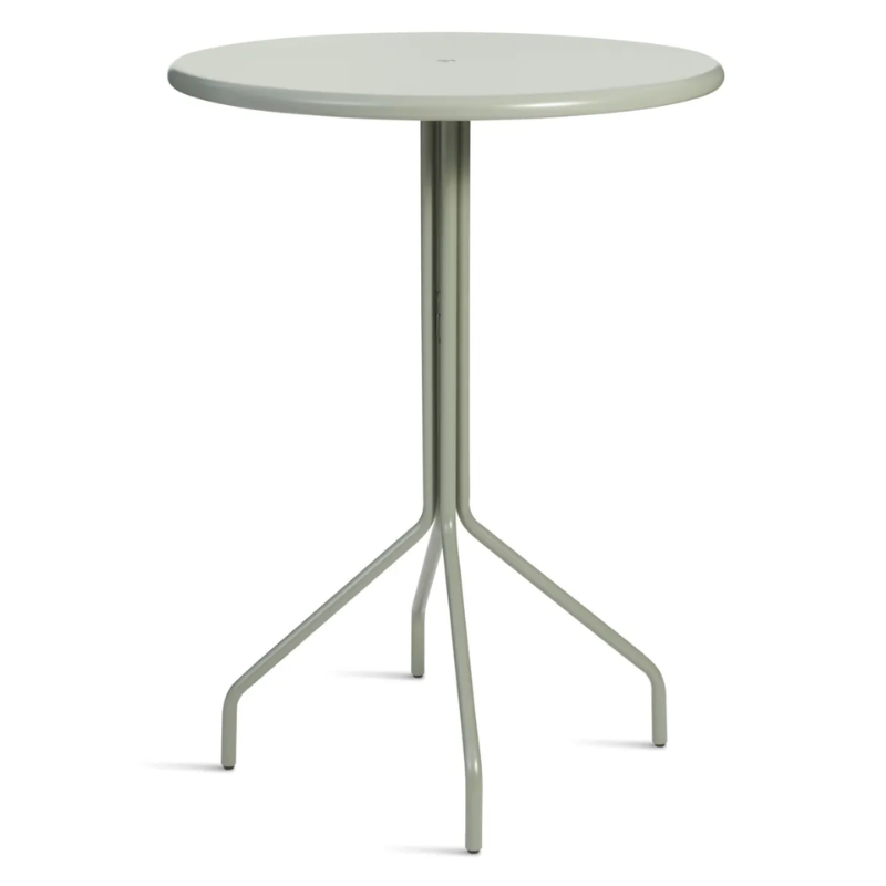 The Hot Mesh 30" Bar Table from Blu Dot in grey green from a high angle.