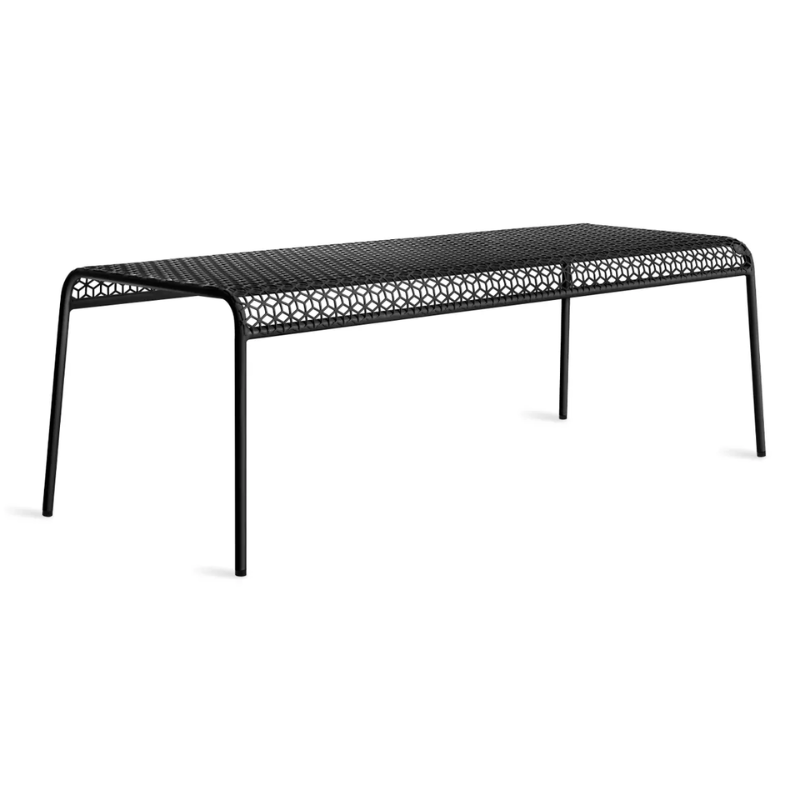 The Hot Mesh Bench from Blu Dot in black from an angle.