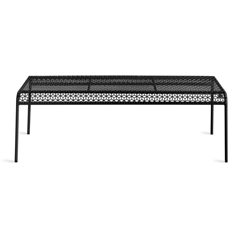 The Hot Mesh Bench from Blu Dot in black from a high angle.