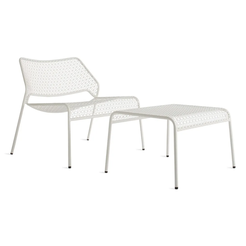 The Hot Mesh Lounge Chair from Blu Dot in off white with the hot mesh ottoman.