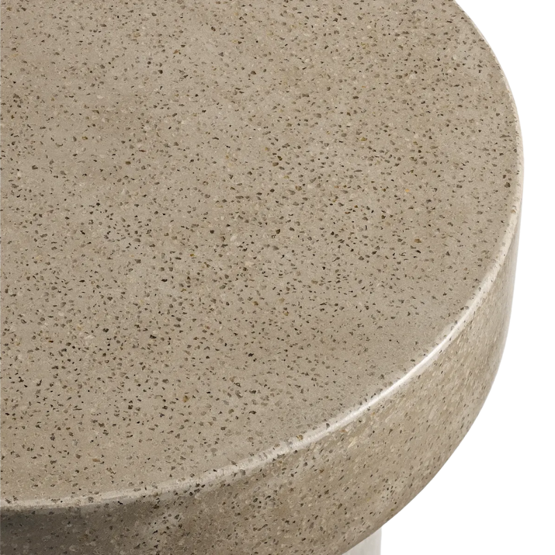 The Hunky Dory Side Table from Blu Dot in mushroom terrazzo close up.