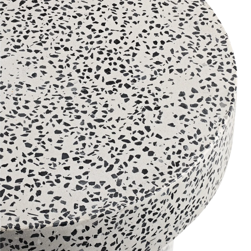 The Hunky Dory Side Table from Blu Dot in white terrazzo close up.