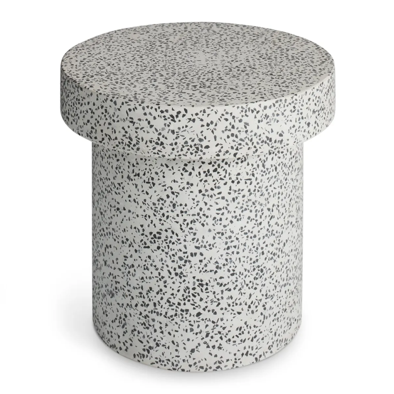 The Hunky Dory Side Table from Blu Dot in white terrazzo from a high angle.