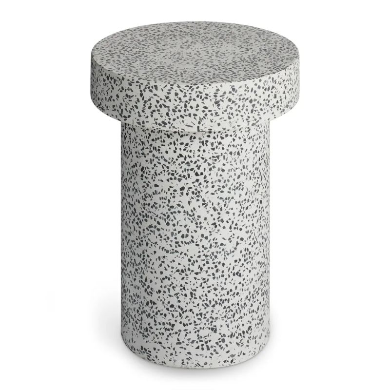 The Hunky Dory Tall Side Table from Blu Dot in white terrazzo from a high angle.