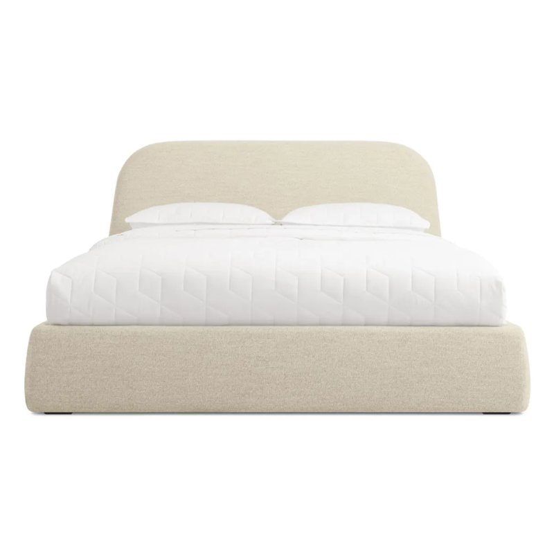 The queen size Lid Bed from Blu Dot in tait beach upholstery from the front.