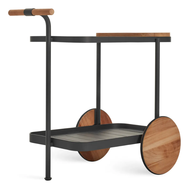 The Longday Bar Cart from Blu Dot in carbon from the back at an angle.