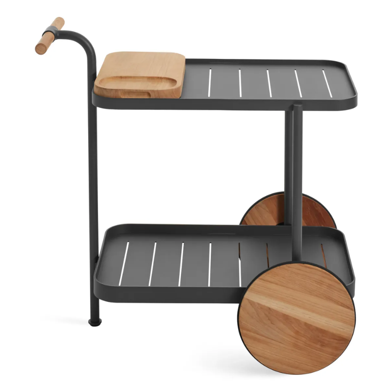 The Longday Bar Cart from Blu Dot in carbon with the cutting board.