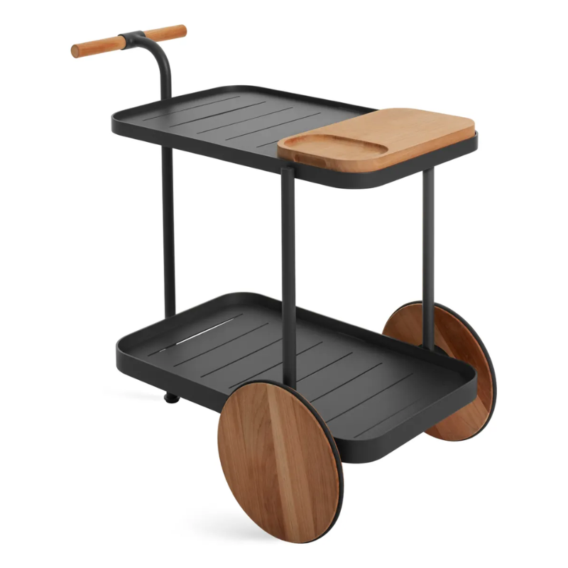 The Longday Bar Cart from Blu Dot in carbon from a high angle focusing on the corner.