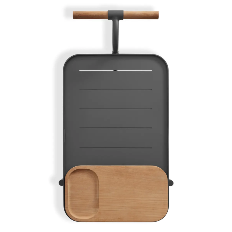 The Longday Bar Cart from Blu Dot in carbon from the top with a movable cutting board.