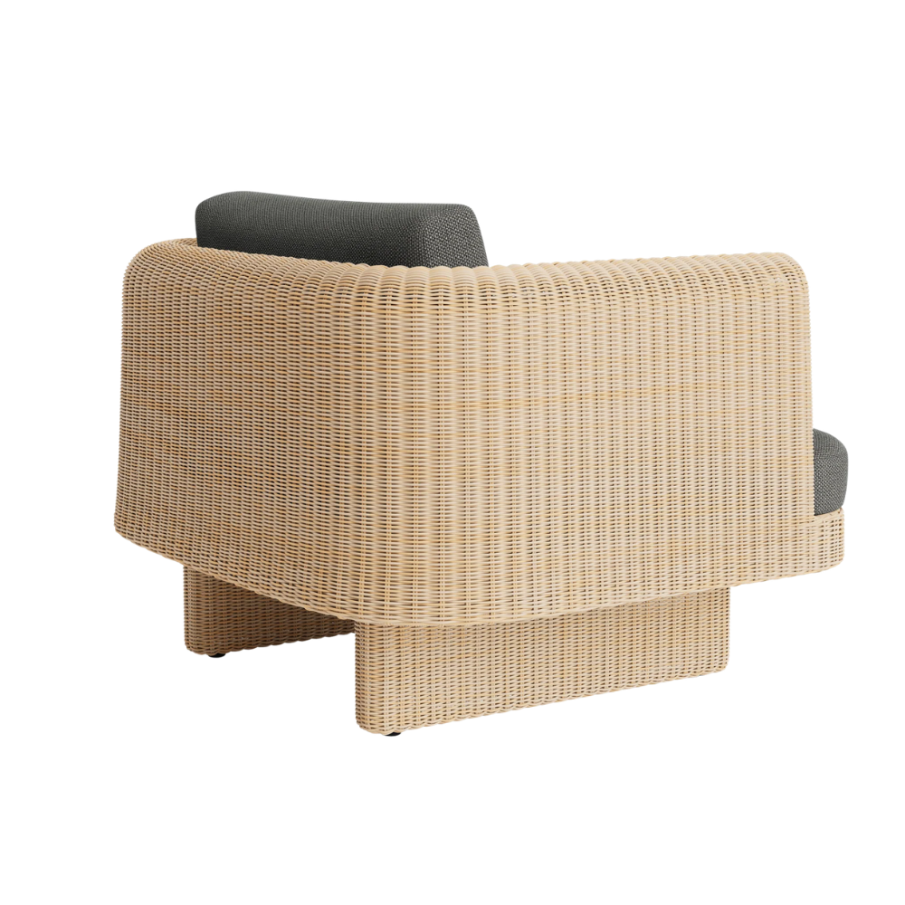 The toohey charcoal Loophole Outdoor Lounge Chair from Bludot with a rear angle.