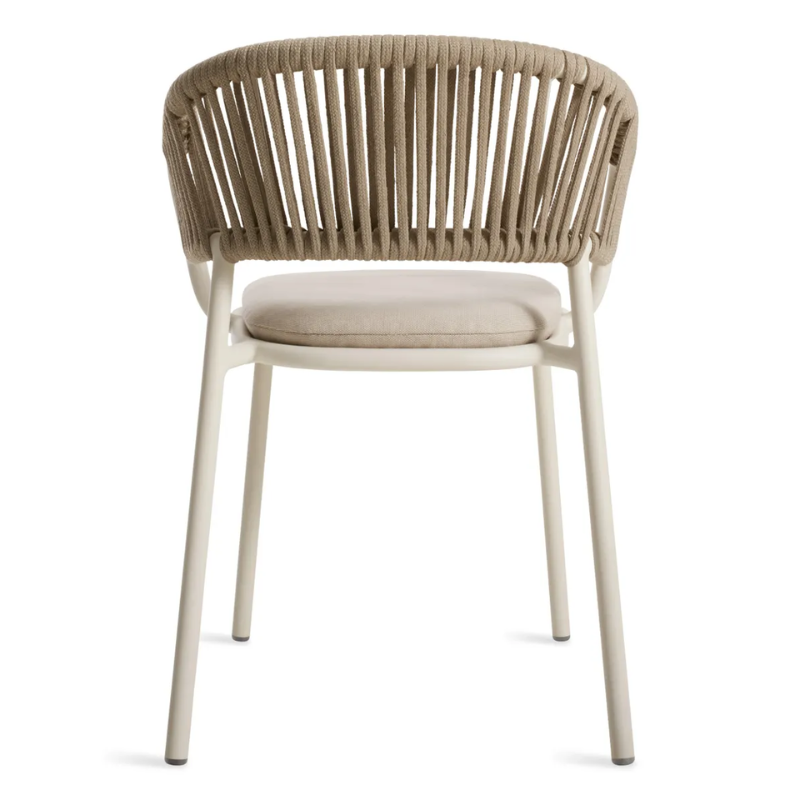 The Mate Outdoor Chair from Blu Dot with Sunbrella Linen upholstery from the back.