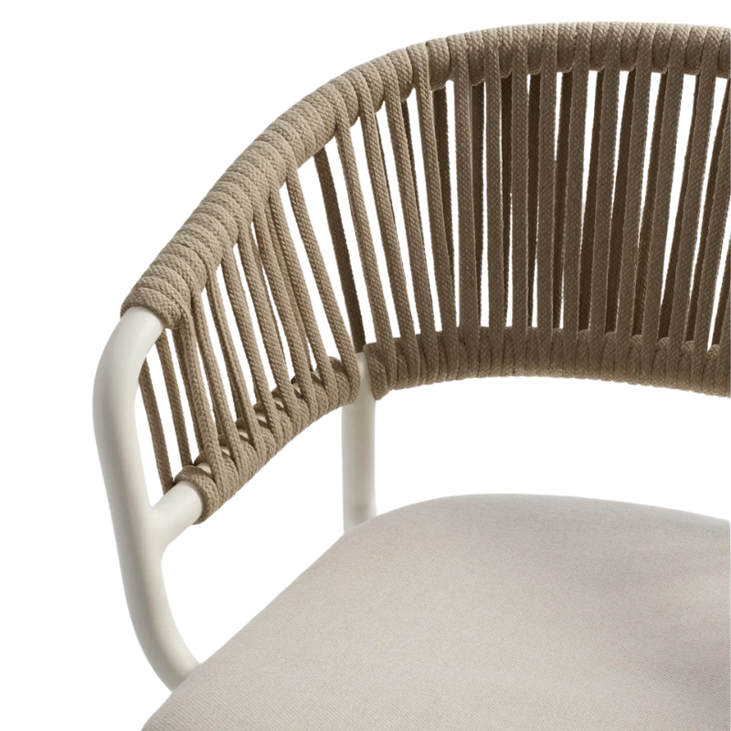 The Mate Outdoor Chair from Blu Dot with Sunbrella Linen upholstery close up.
