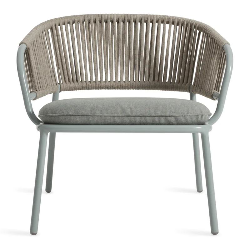 The Mate Outdoor Lounge Chair from Blu Dot with Toohey Breezy Blue upholstery.